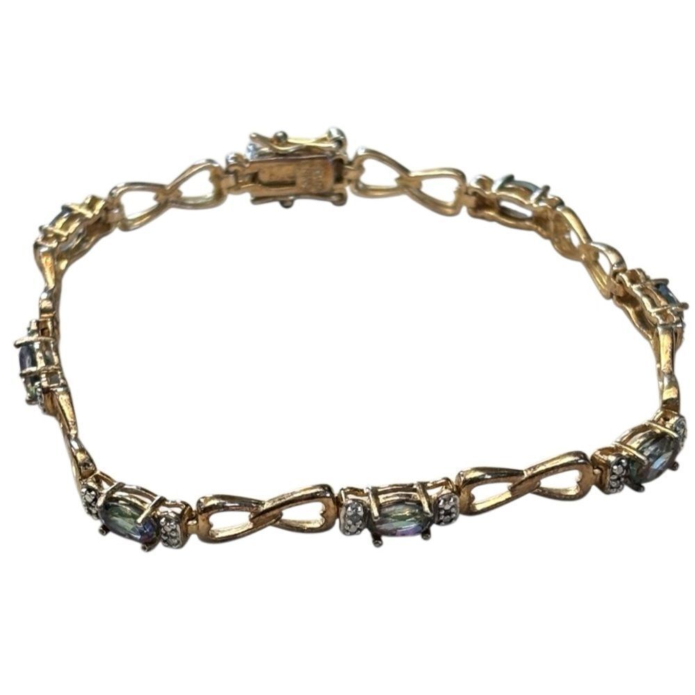 Sterling Silver Mystic GPTopaz Tennis Bracelet 925 Gold Vermeil Heart Link 8.85g